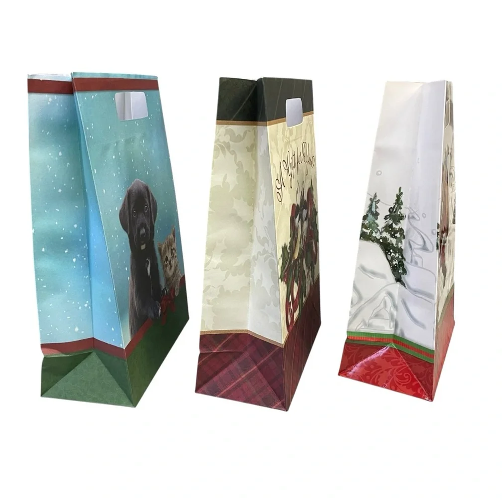 Assorted Small Holiday Themed Paper Gift Bags Animals Birds Santa Bundle of Six